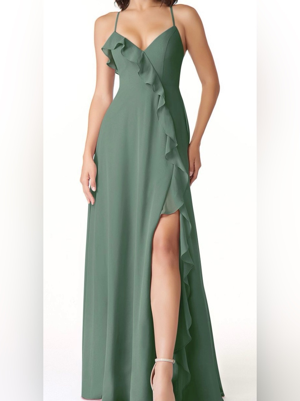 Azazie Olive Green Ruffle High-Low Gown